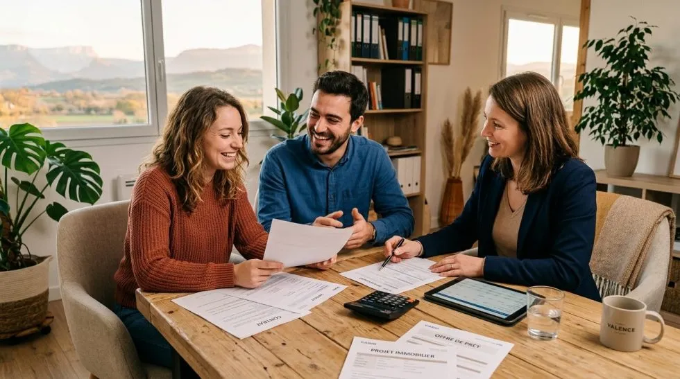 Couple étudiant un projet immobilier avec son courtier