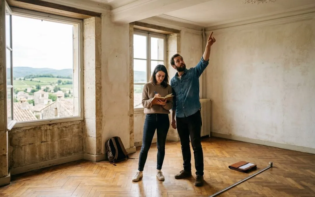 Couple visitant un appartement ancien à rénover, avec vue sur un village de la Drôme